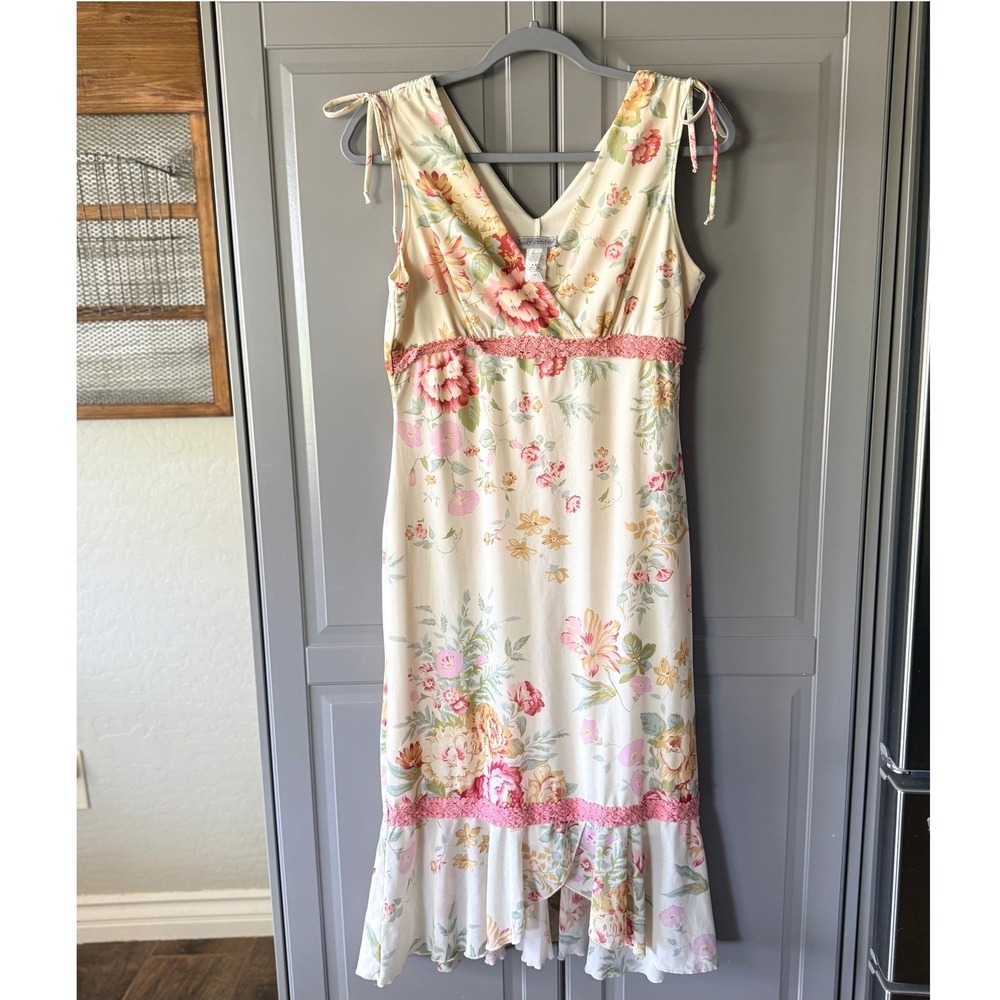 Body Central Vintage Fairycore Floral Lace Trim Midi Dress, Cream Pink, M